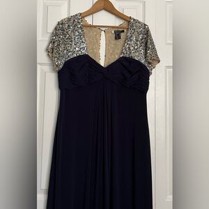 JS Boutique Navy Gown with Silver Sequin Cap Sleeves